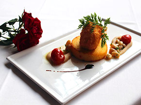 FRIED ICEISLAND COD FISH IN BREAD CRUMBS SERVED WITH ROASTED POLENTA AND WHITE BEANS SALAD
