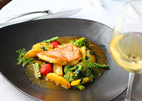 ROASTED RED SNAPPER FILET WITH VEGETABLES SAFFRON SOUP